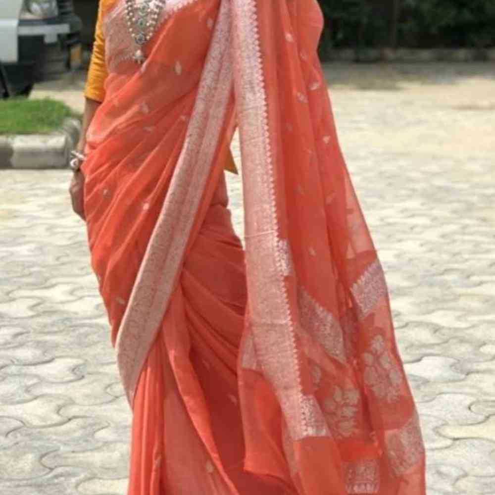 Peach Georgette Chiffon Saree